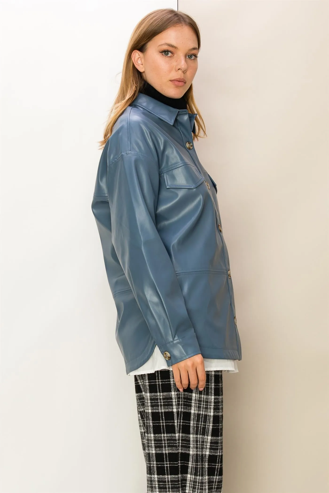 HF23F486-FLAP DETAIL PU SHACKET