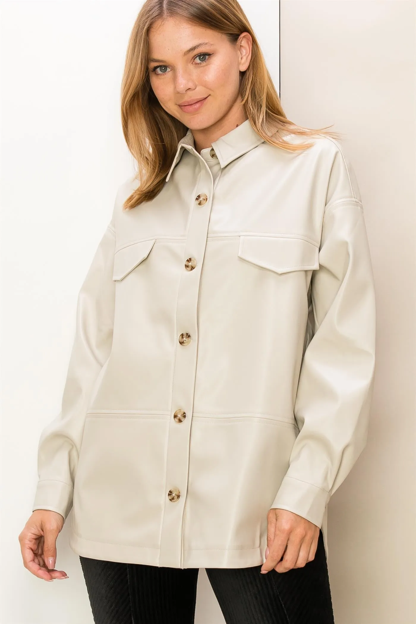 HF23F486-FLAP DETAIL PU SHACKET