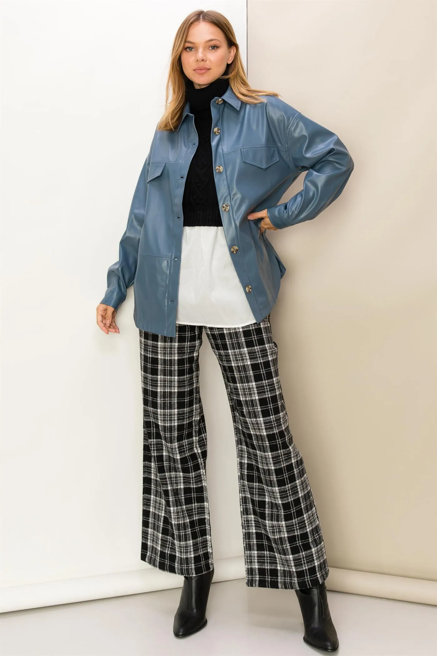 HF23F486-FLAP DETAIL PU SHACKET