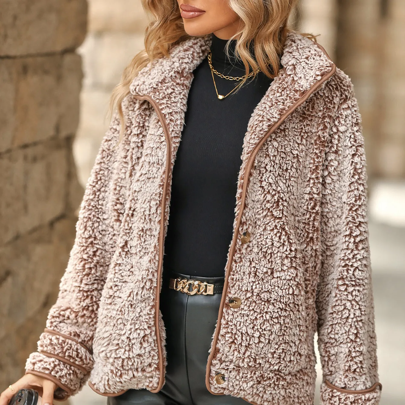 Long Sleeve Single Breasted Lapel Plush Jacket Wholesale Womens Clothing N3823111600044