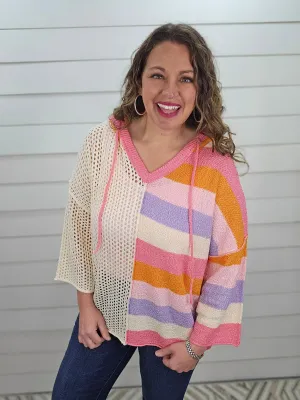 MULTI STRIPED OPEN KNIT OVERSIZED HOODED TOP