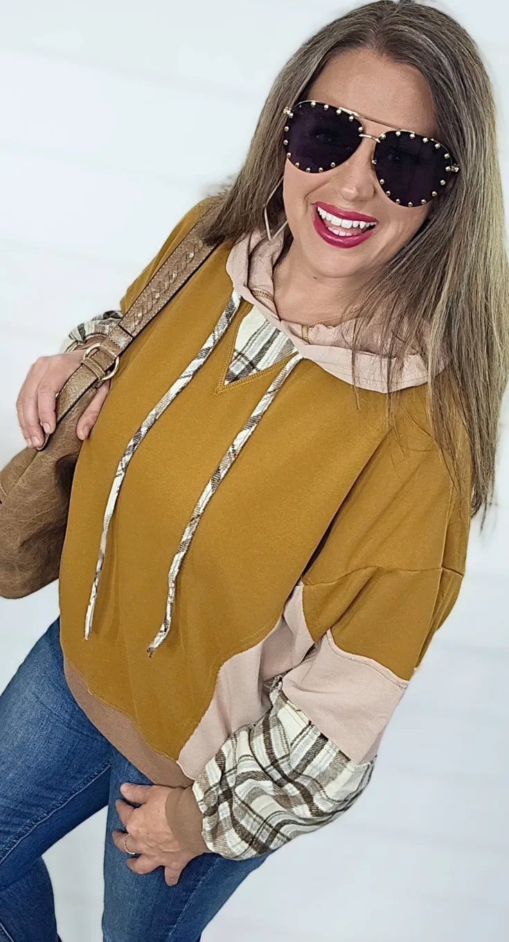 MUSTARD/MOCHA PLAID CONTRAST COTTON BLEND OVERSIZED HOODIE