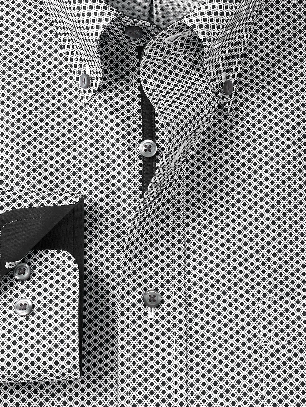 Non-Iron Cotton Geometric Print Dress Shirt With Contrast Trim - Black/white