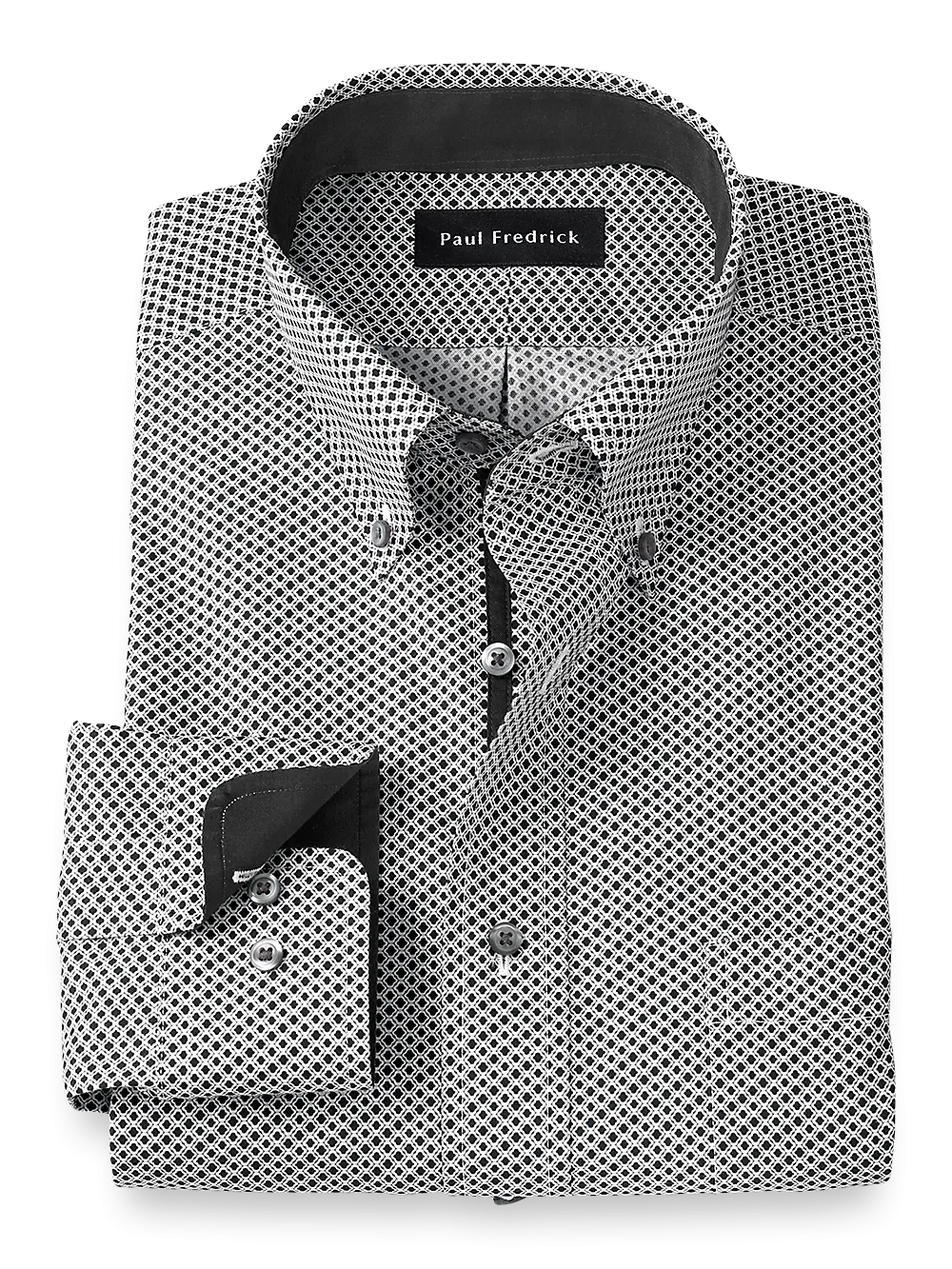 Non-Iron Cotton Geometric Print Dress Shirt With Contrast Trim - Black/white
