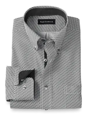 Non-Iron Cotton Geometric Print Dress Shirt With Contrast Trim - Black/white