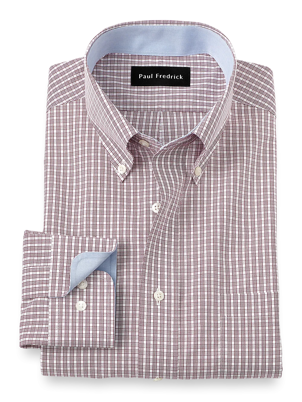 Non-Iron Cotton Plaid Dress Shirt With Contrast Trim - Burgundy