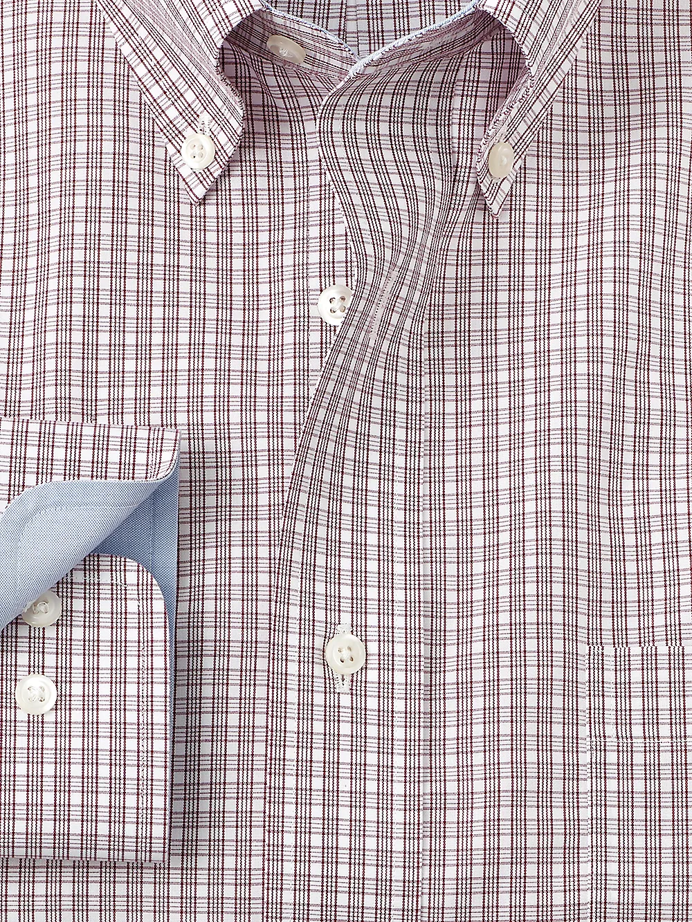 Non-Iron Cotton Plaid Dress Shirt With Contrast Trim - Burgundy