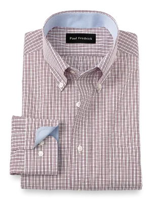 Non-Iron Cotton Plaid Dress Shirt With Contrast Trim - Burgundy