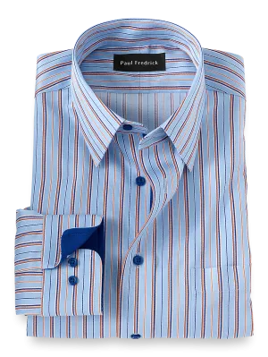 Non-Iron Cotton Stripe Dress Shirt With Contrast Trim - Blue/orange