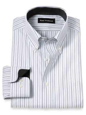 Non-Iron Cotton Stripe Dress Shirt With Contrast Trim - Grey/white