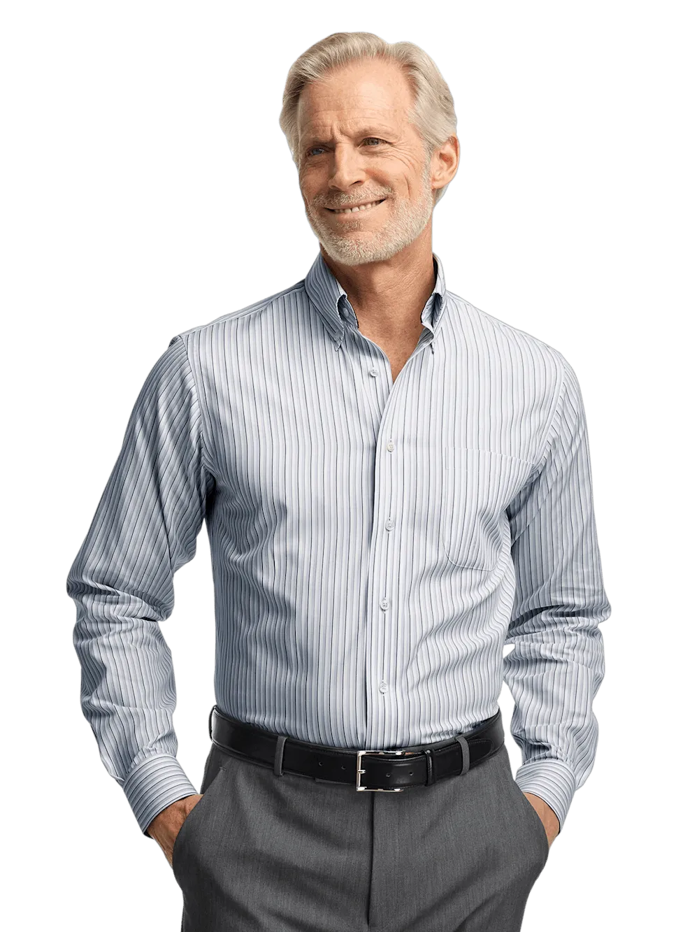Non-Iron Cotton Stripe Dress Shirt With Contrast Trim - Grey/white