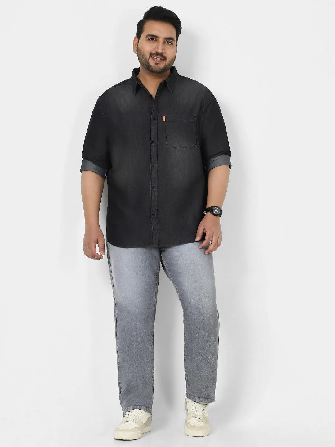 Plus Men's Dark Grey Full Sleeve Regular Fit Casual Denim Shirt