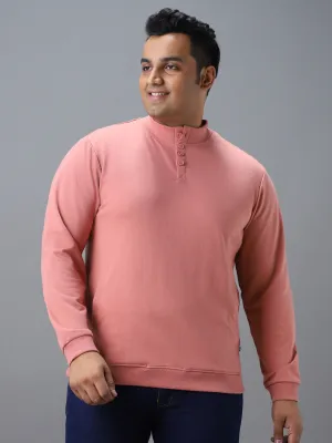 Plus Men's Pink Cotton Solid Button High Neck Sweatshirt