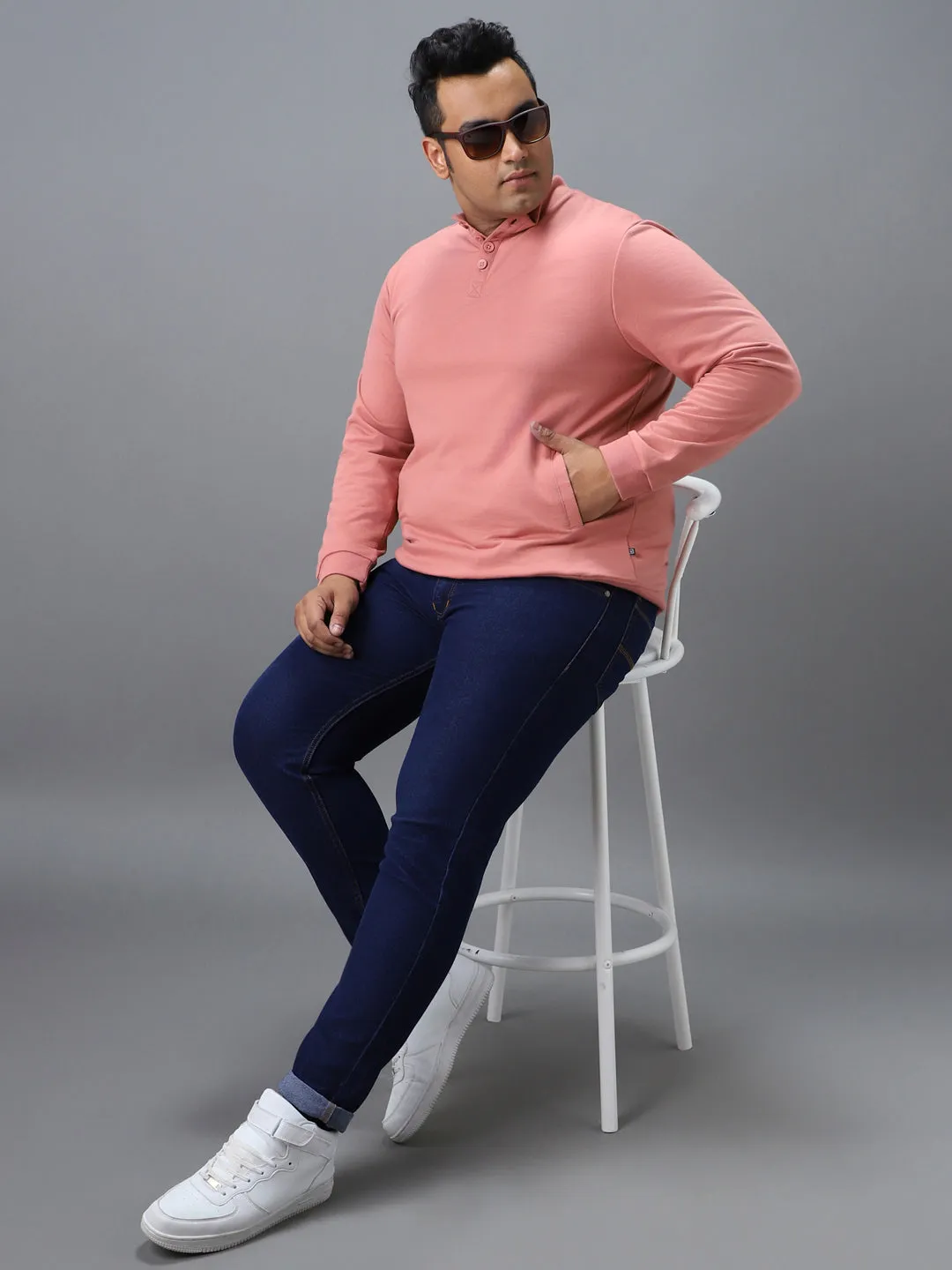 Plus Men's Pink Cotton Solid Button High Neck Sweatshirt