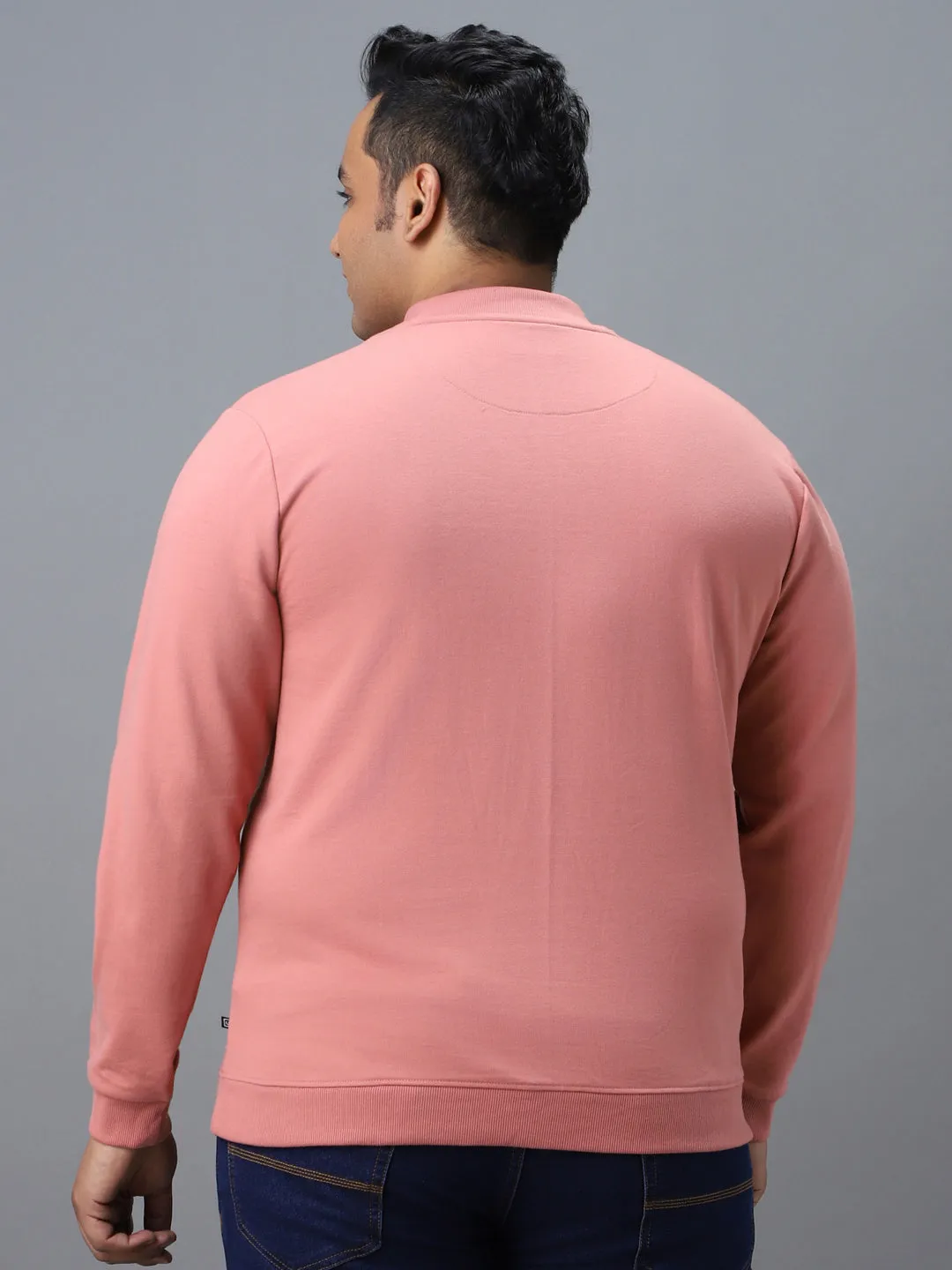 Plus Men's Pink Cotton Solid Button High Neck Sweatshirt