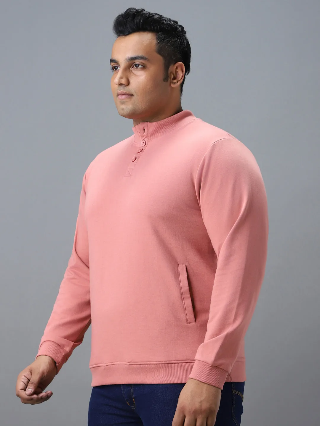 Plus Men's Pink Cotton Solid Button High Neck Sweatshirt