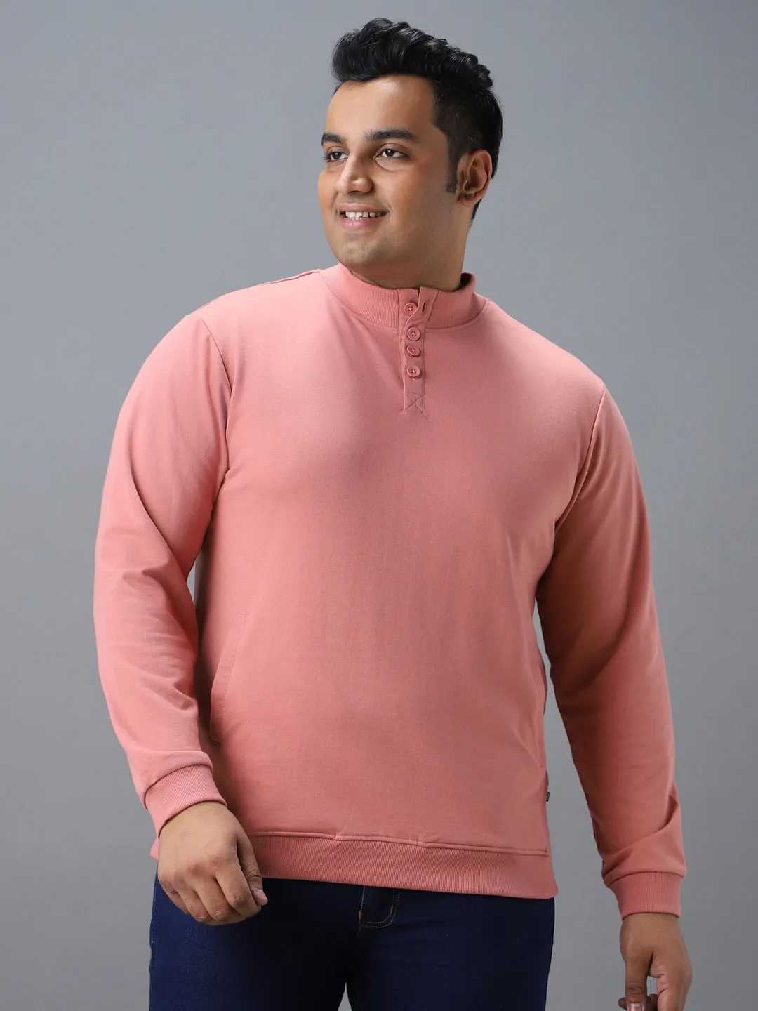 Plus Men's Pink Cotton Solid Button High Neck Sweatshirt