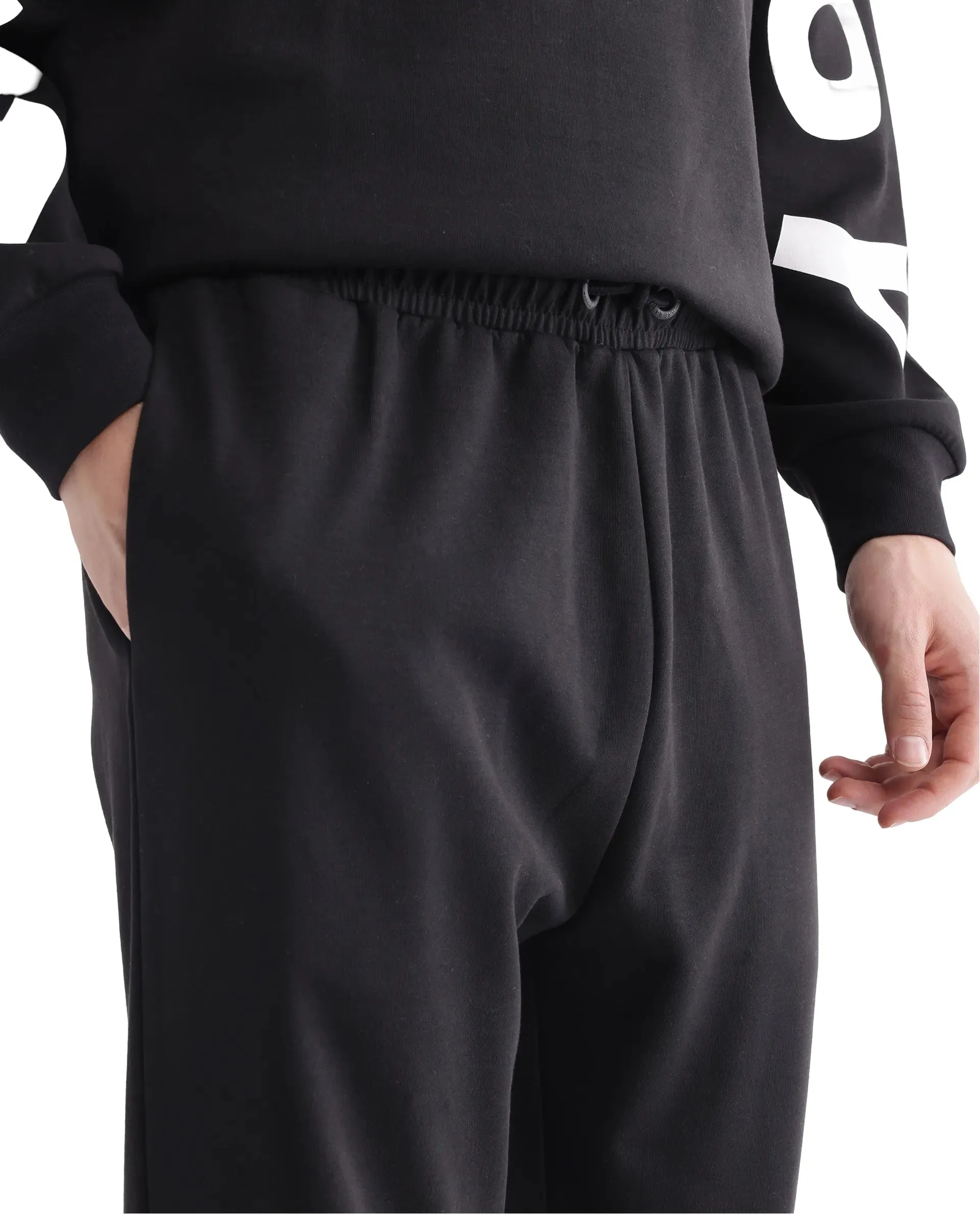 Rare Rabbit Men Ricot-B Black Cotton Blend Fabric Mid Rise Drawstring Closure Printed Track Pant