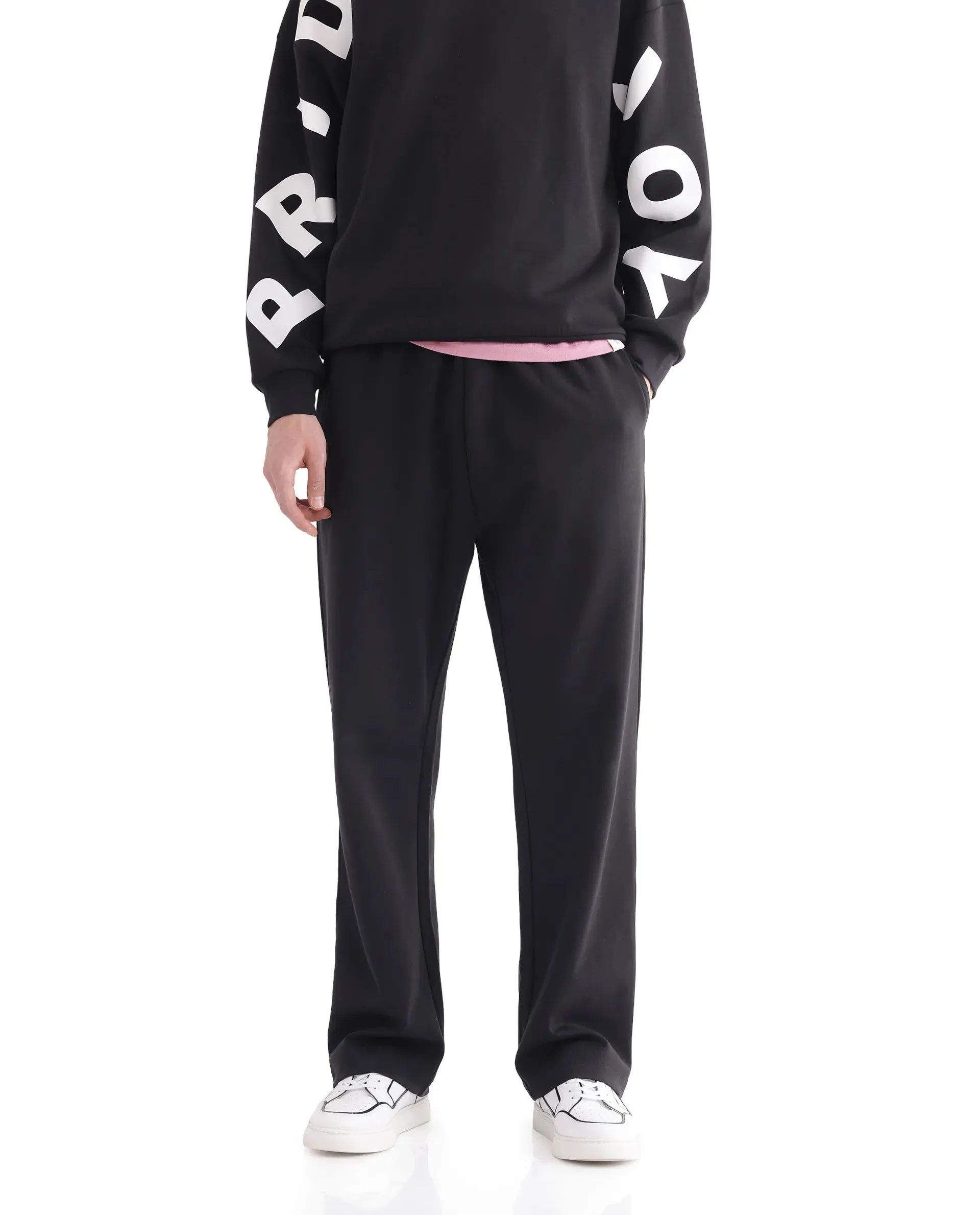Rare Rabbit Men Ricot-B Black Cotton Blend Fabric Mid Rise Drawstring Closure Printed Track Pant