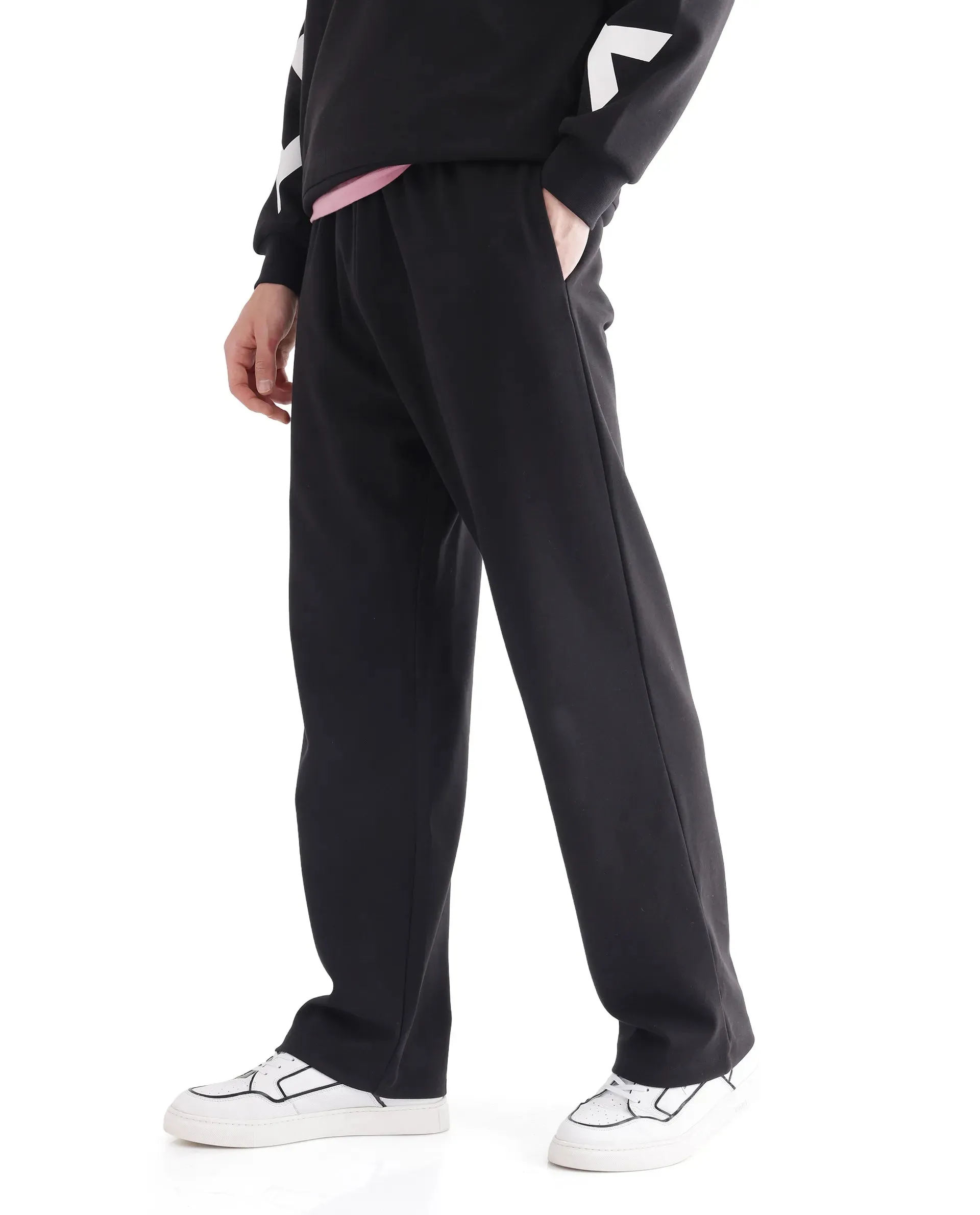 Rare Rabbit Men Ricot-B Black Cotton Blend Fabric Mid Rise Drawstring Closure Printed Track Pant