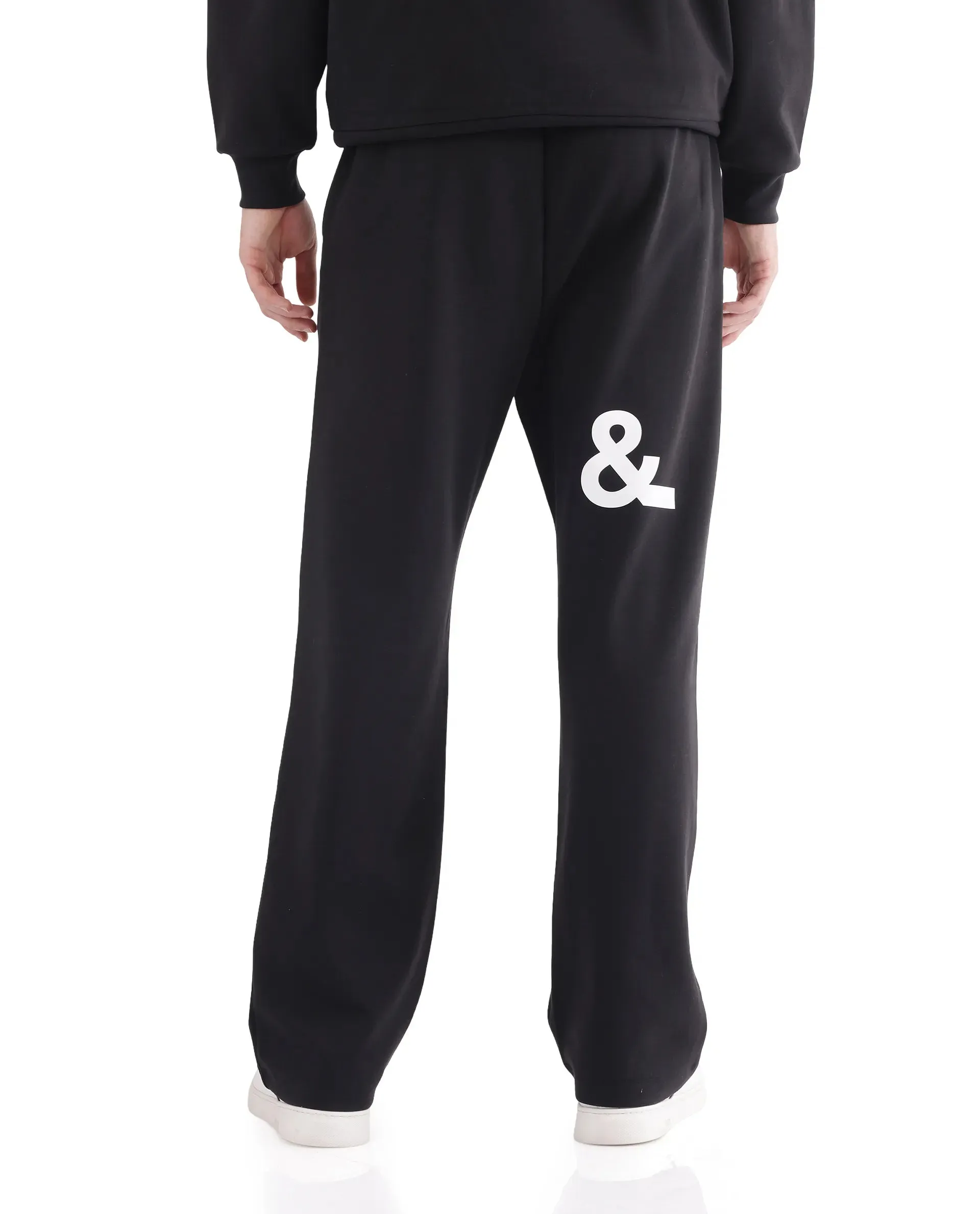 Rare Rabbit Men Ricot-B Black Cotton Blend Fabric Mid Rise Drawstring Closure Printed Track Pant