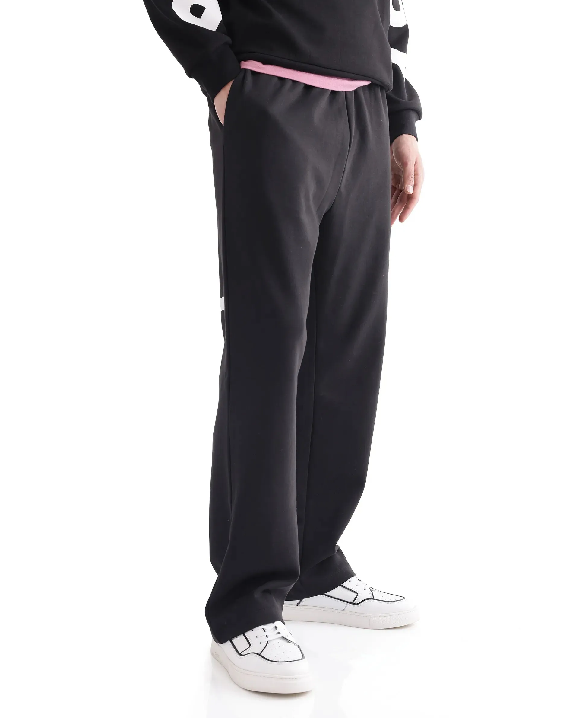 Rare Rabbit Men Ricot-B Black Cotton Blend Fabric Mid Rise Drawstring Closure Printed Track Pant