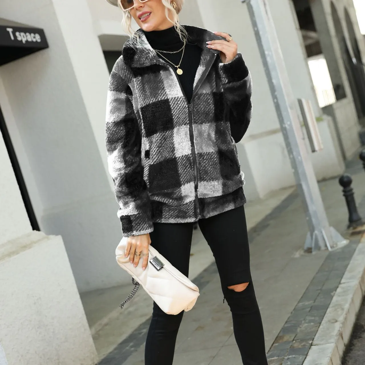 Stand Collar Plaid Print Mid-Length Zip Reversible Plush Jacket Wholesale Womens Clothing N3823111600035