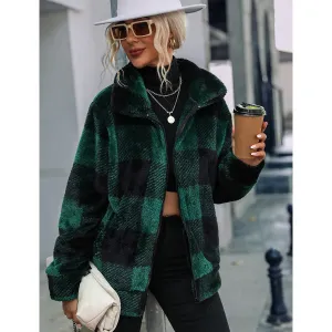Stand Collar Plaid Print Mid-Length Zip Reversible Plush Jacket Wholesale Womens Clothing N3823111600035