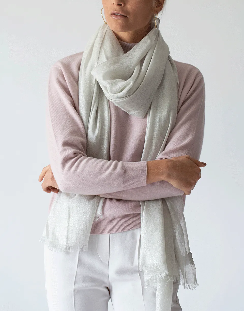 Warm White Cashmere and Silk Fringe Scarf