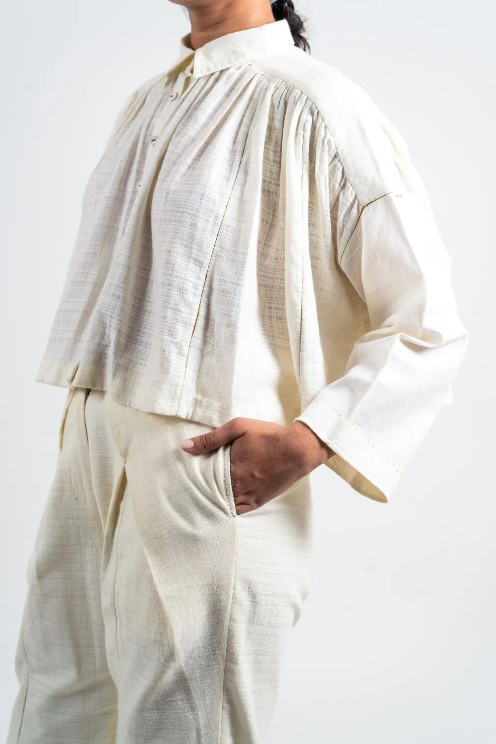 White Cotton Gathered Shirt