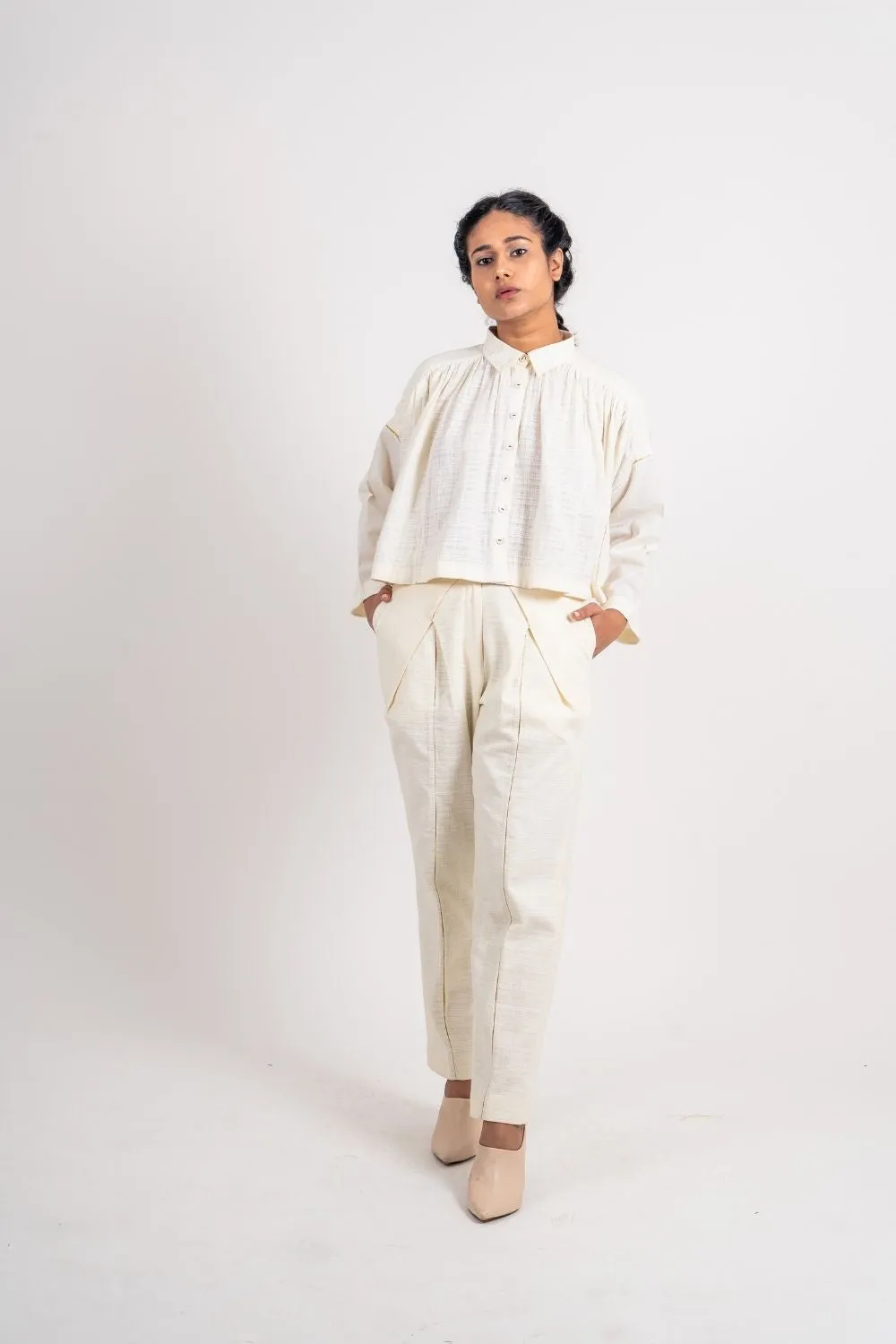 White Cotton Gathered Shirt