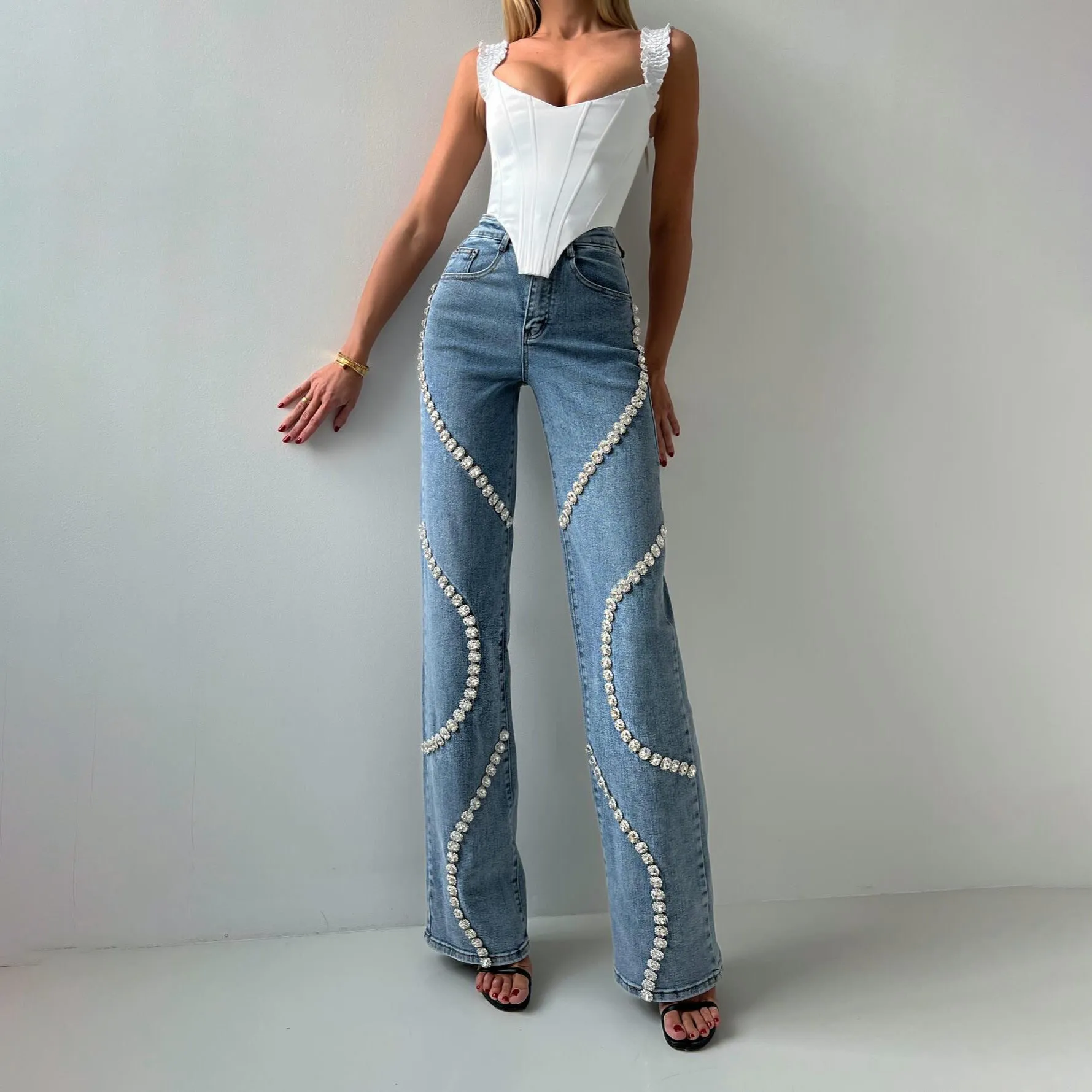Women's Casual Straight Denim Pants with Surrounding Rhinestone Embellishments