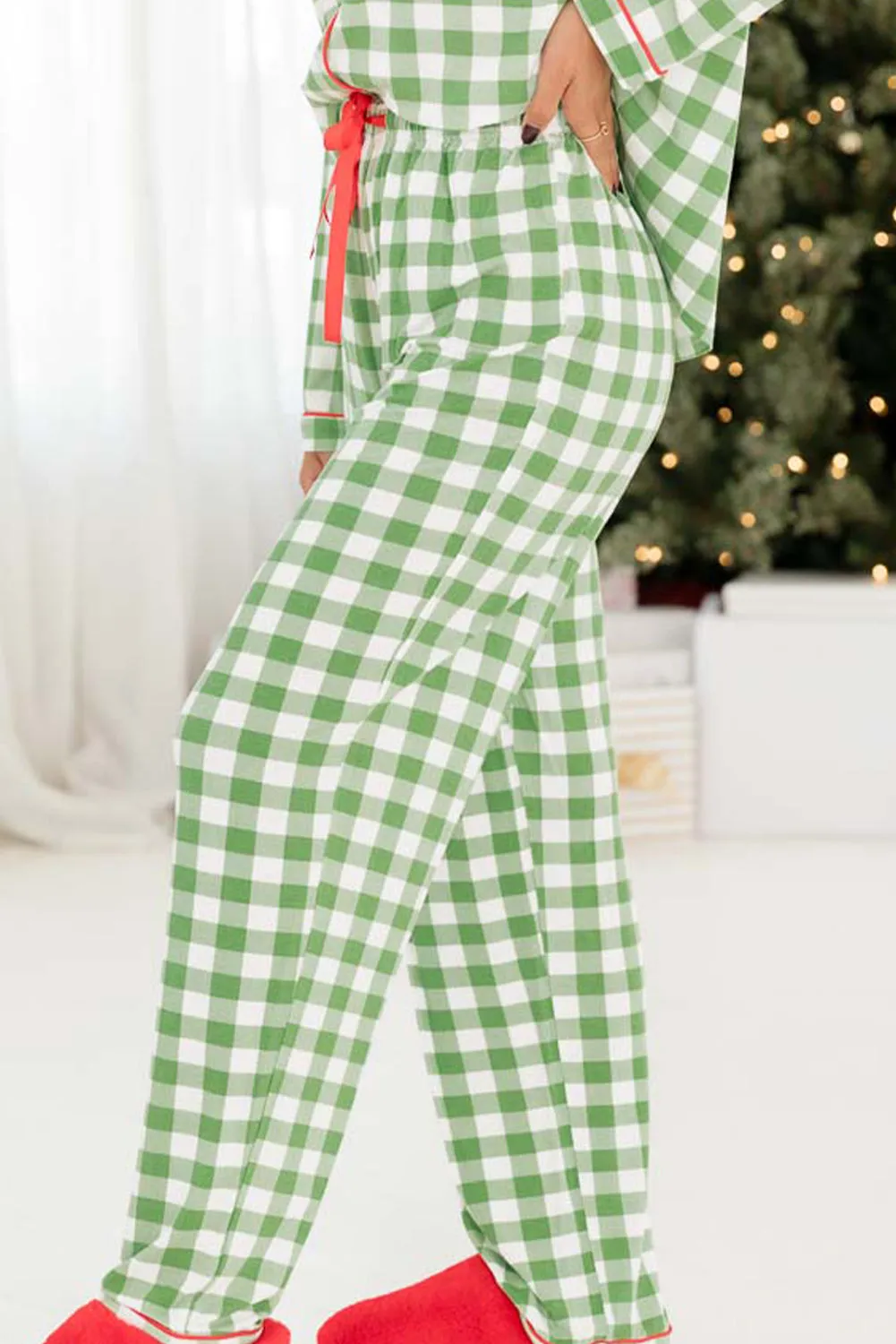Womens Light Green Christmas Plaid Print Shirt and Pants Pajama Set
