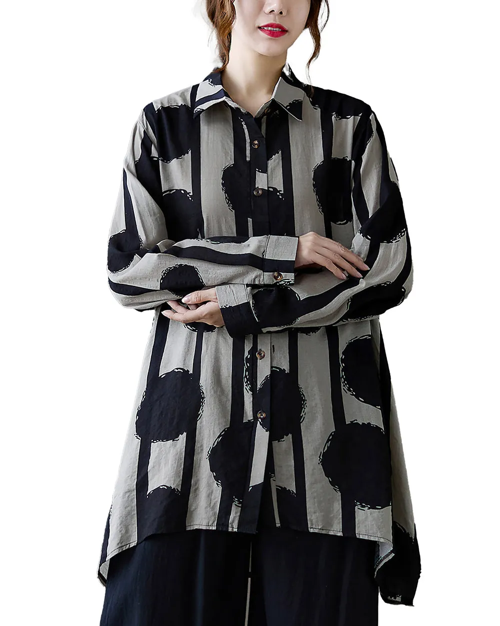Women's Shirt Lapel Button Down Long Sleeve Flowy Hem Polkadots String Loose Oversize GA2765 White