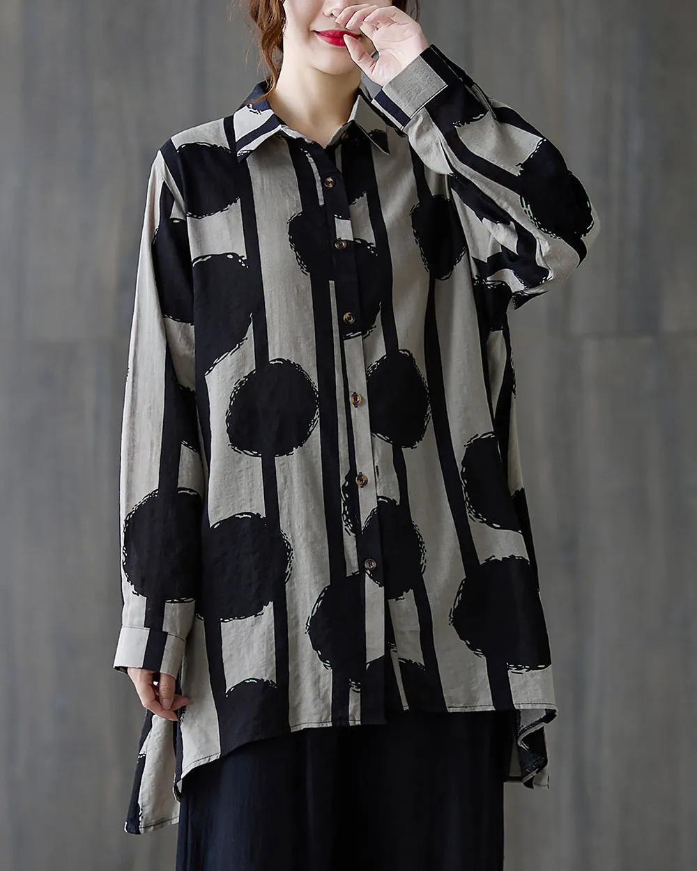 Women's Shirt Lapel Button Down Long Sleeve Flowy Hem Polkadots String Loose Oversize GA2765 White
