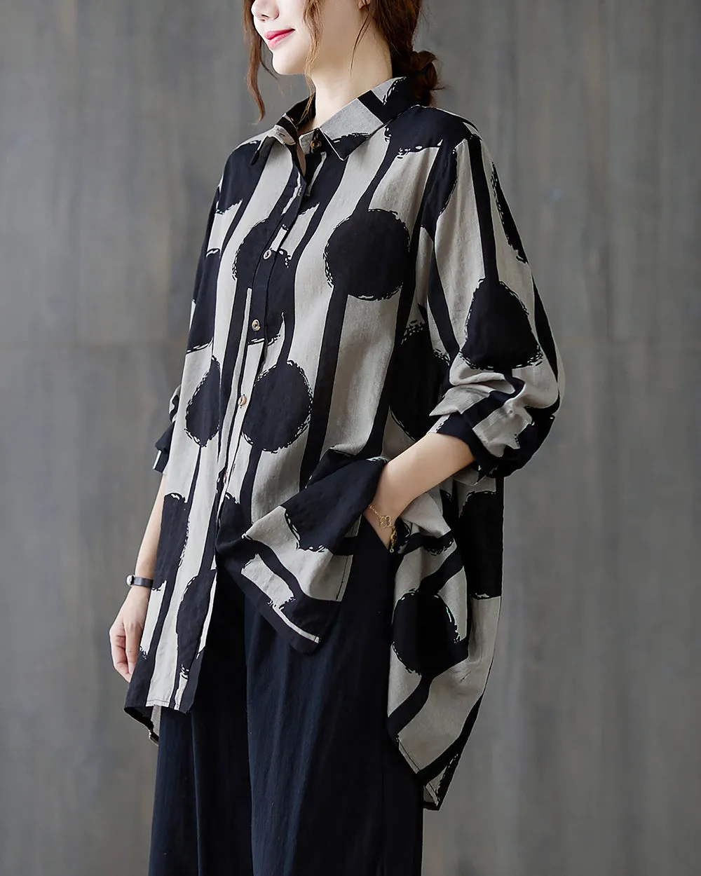Women's Shirt Lapel Button Down Long Sleeve Flowy Hem Polkadots String Loose Oversize GA2765 White