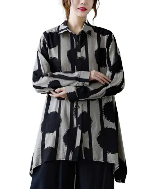 Women's Shirt Lapel Button Down Long Sleeve Flowy Hem Polkadots String Loose Oversize GA2765 White
