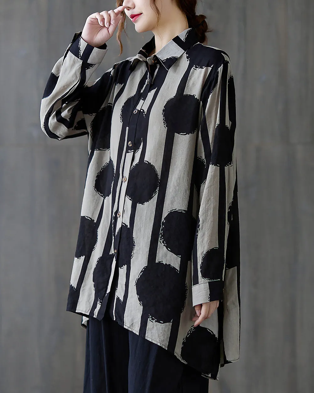 Women's Shirt Lapel Button Down Long Sleeve Flowy Hem Polkadots String Loose Oversize GA2765 White