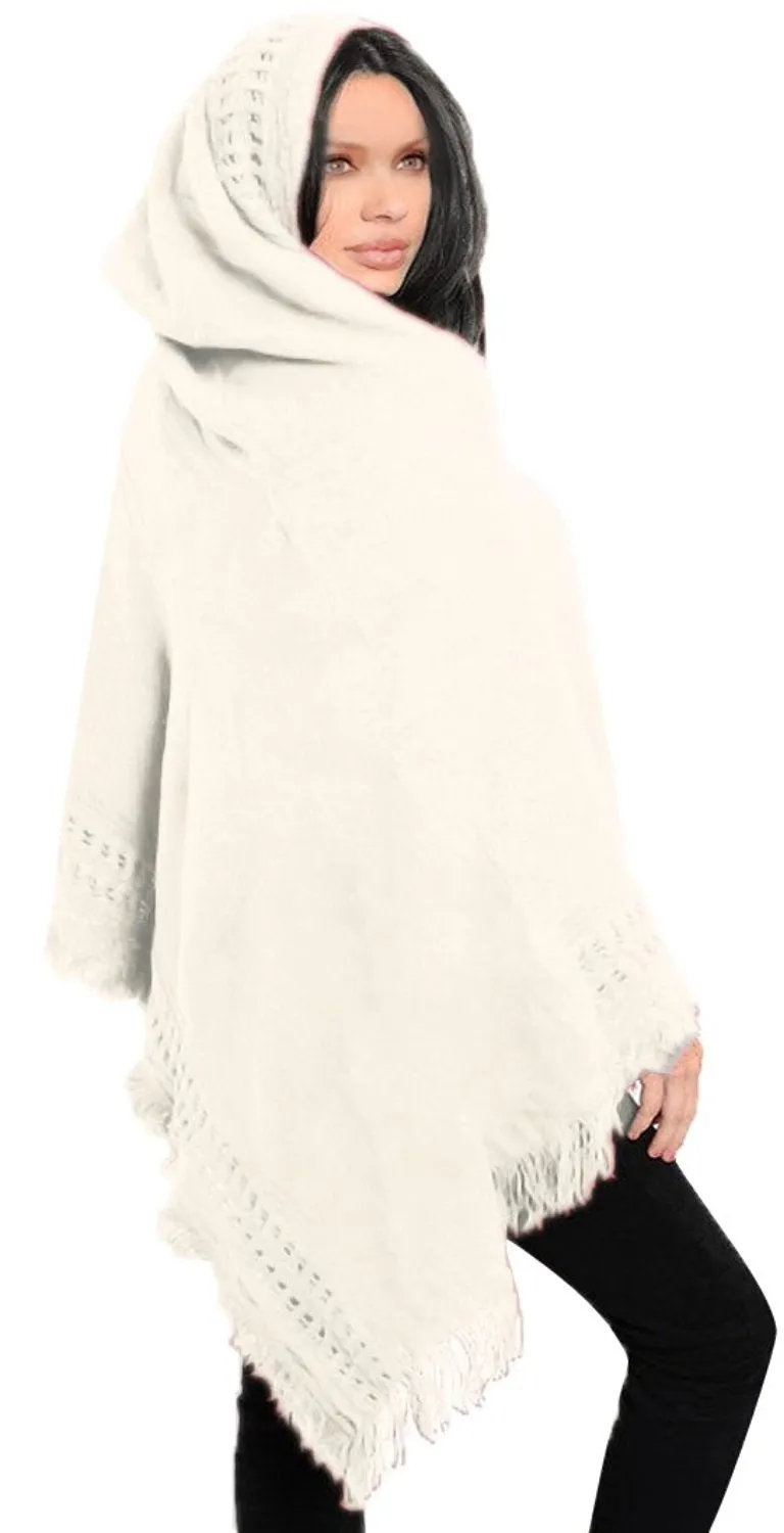 Women's Snug and Warm Crochet Hooded Fringe Wrap Shawl Poncho