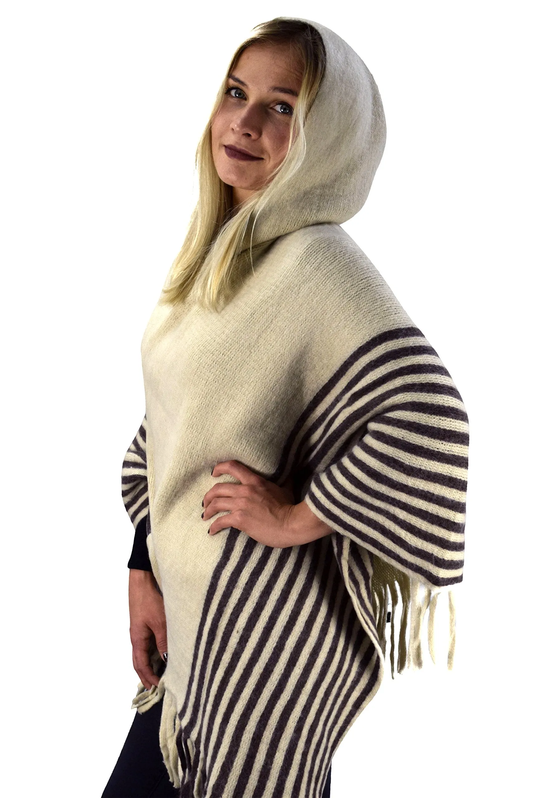 Women's Snug and Warm Crochet Hooded Fringe Wrap Shawl Poncho