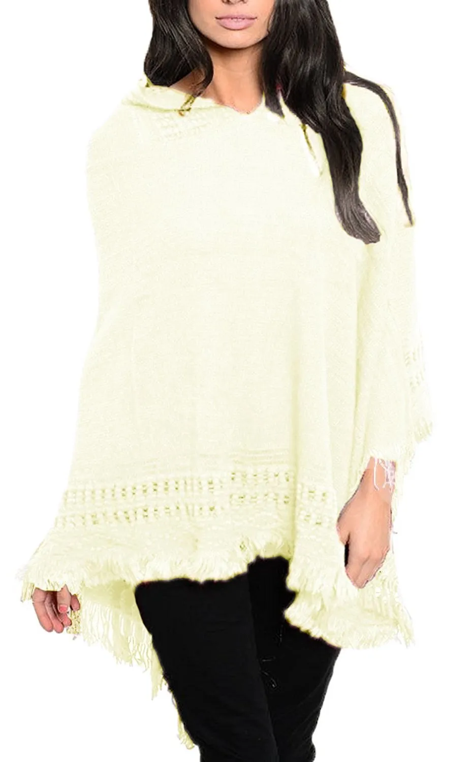 Women's Snug and Warm Crochet Hooded Fringe Wrap Shawl Poncho