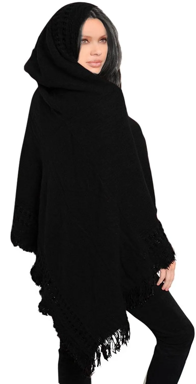 Women's Snug and Warm Crochet Hooded Fringe Wrap Shawl Poncho