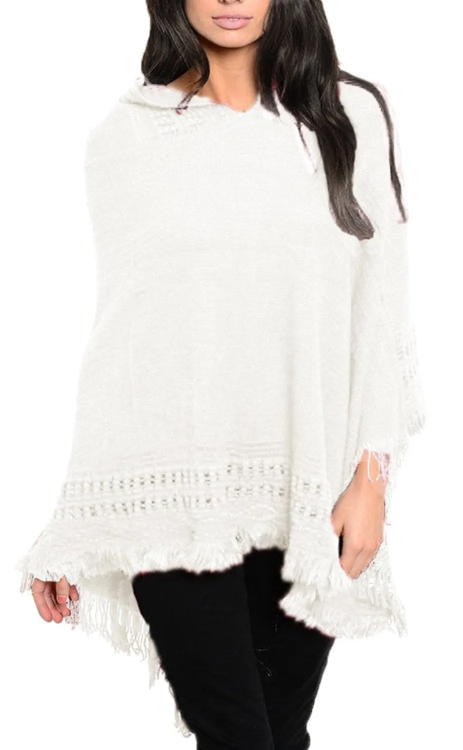 Women's Snug and Warm Crochet Hooded Fringe Wrap Shawl Poncho