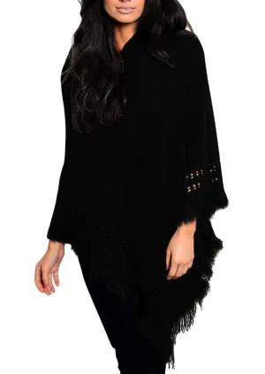 Women's Snug and Warm Crochet Hooded Fringe Wrap Shawl Poncho