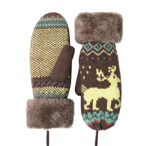 Womens Soft Knitted Mittens Furry Cuff 4 Colors Deer & Diamond Pattern