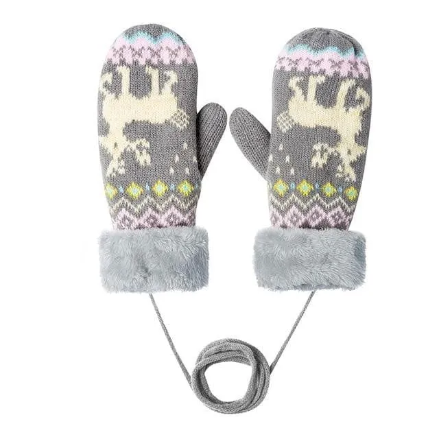 Womens Soft Knitted Mittens Furry Cuff 4 Colors Deer & Diamond Pattern