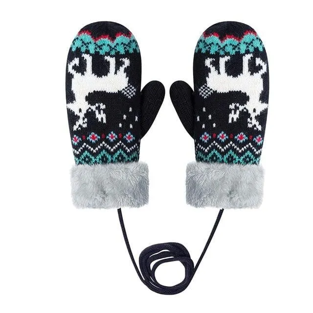 Womens Soft Knitted Mittens Furry Cuff 4 Colors Deer & Diamond Pattern
