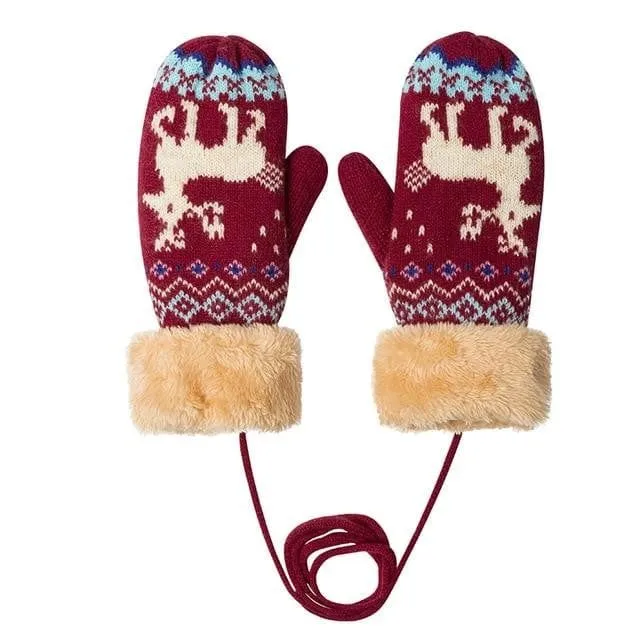 Womens Soft Knitted Mittens Furry Cuff 4 Colors Deer & Diamond Pattern