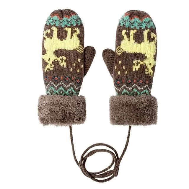 Womens Soft Knitted Mittens Furry Cuff 4 Colors Deer & Diamond Pattern