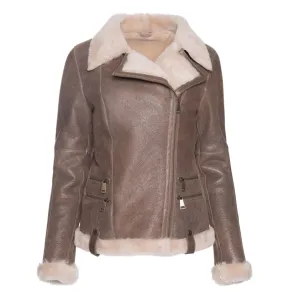 Women's Spanish Merino Faux Shearling Brown Leather Jacket